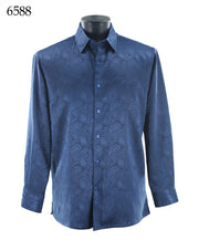Bassiri Long Sleeve Button Down Casual Tone on Tone Men's Shirt - Shiny Paisley Pattern Navy #6588