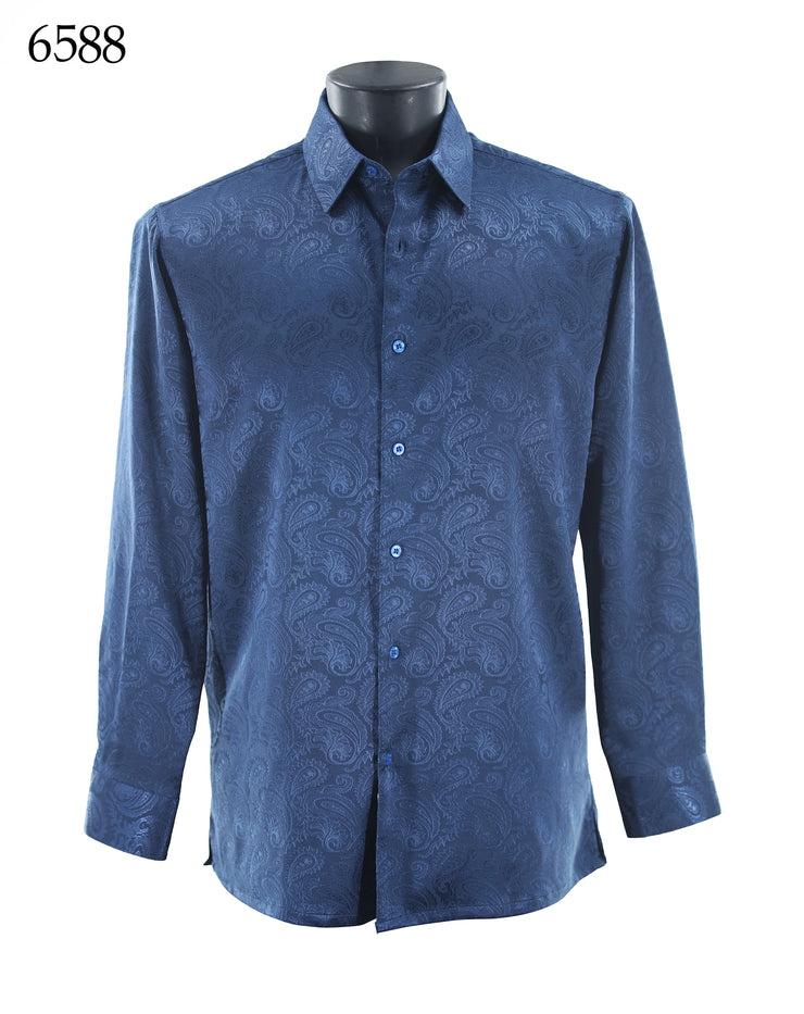 Bassiri Long Sleeve Button Down Casual Tone on Tone Men's Shirt - Shiny Paisley Pattern Navy #6588
