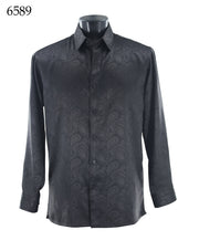 Bassiri Long Sleeve Button Down Casual Tone on Tone Men's Shirt - Shiny Paisley Pattern Black #6589