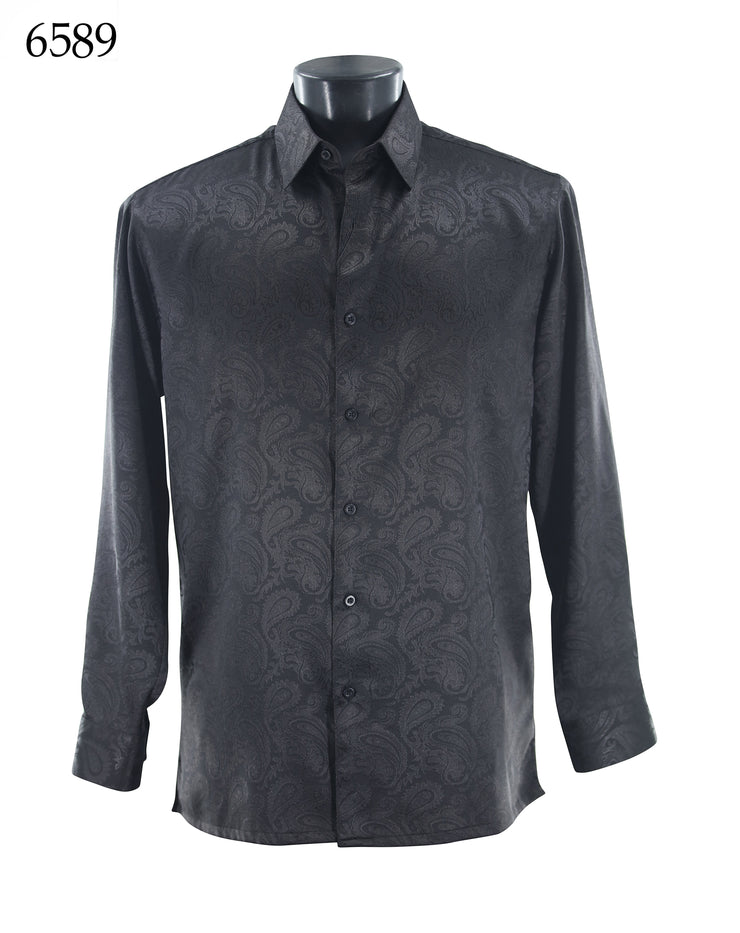 Bassiri Long Sleeve Button Down Casual Tone on Tone Men's Shirt - Shiny Paisley Pattern Black #6589