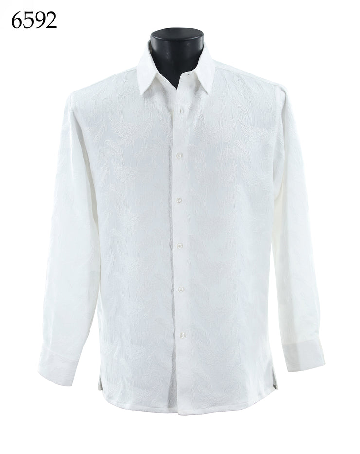 Bassiri Long Sleeve Button Down Casual Tone on Tone Men's Shirt - Shiny Leaf Pattern White #6592