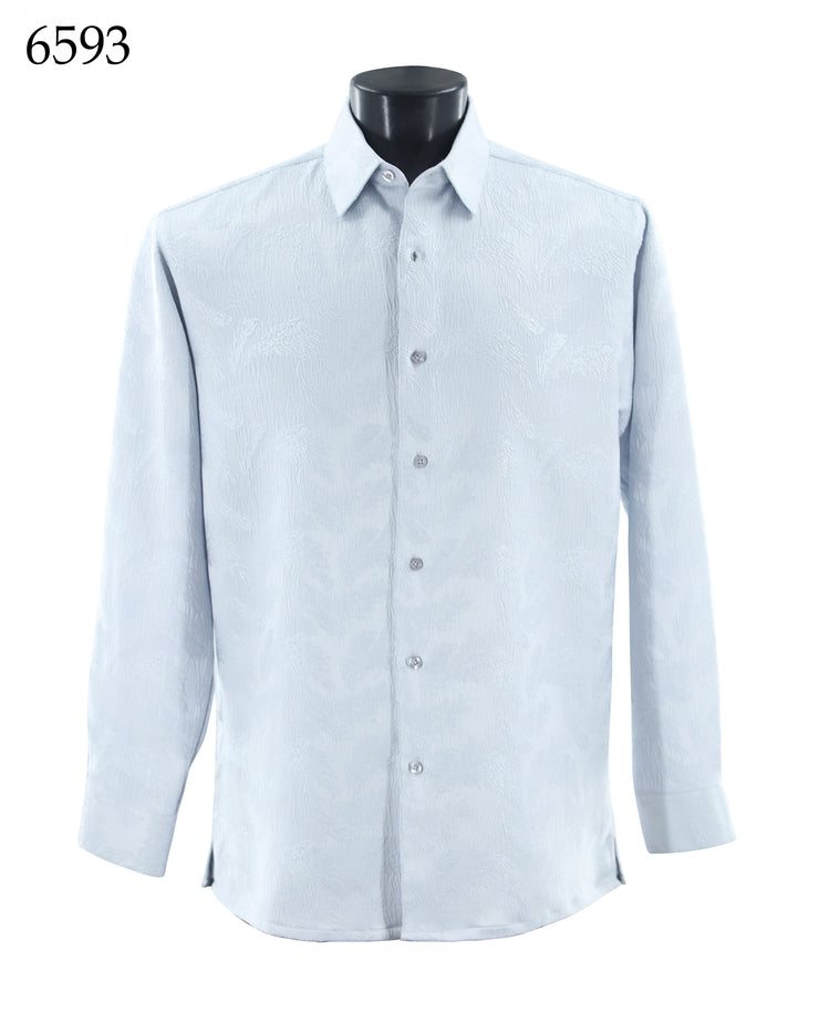 Bassiri Long Sleeve Button Down Casual Tone on Tone Men's Shirt - Shiny Leaf Pattern Light Blue #6593