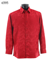 Bassiri Long Sleeve Button Down Casual Tone on Tone Men's Shirt - Shiny Leaf Pattern Red #6595