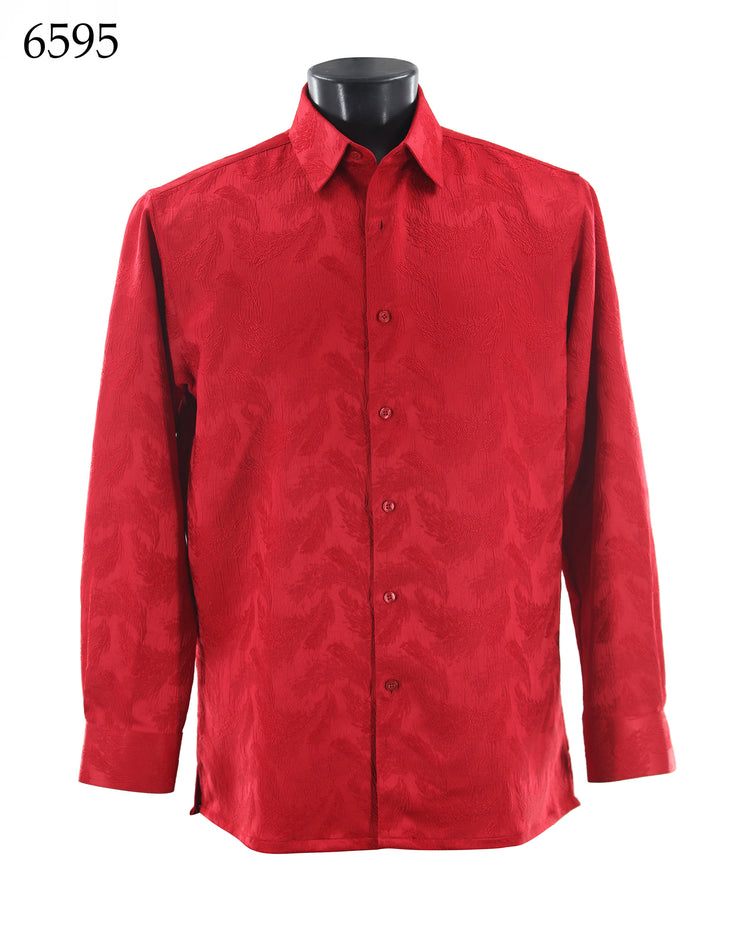 Bassiri Long Sleeve Button Down Casual Tone on Tone Men's Shirt - Shiny Leaf Pattern Red #6595