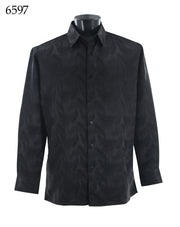 Bassiri Long Sleeve Button Down Casual Tone on Tone Men's Shirt - Shiny Leaf Pattern Black #6597