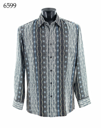 Bassiri Long Sleeve Button Down Casual Printed Men's Shirt - Abstract Pattern Blue #6599