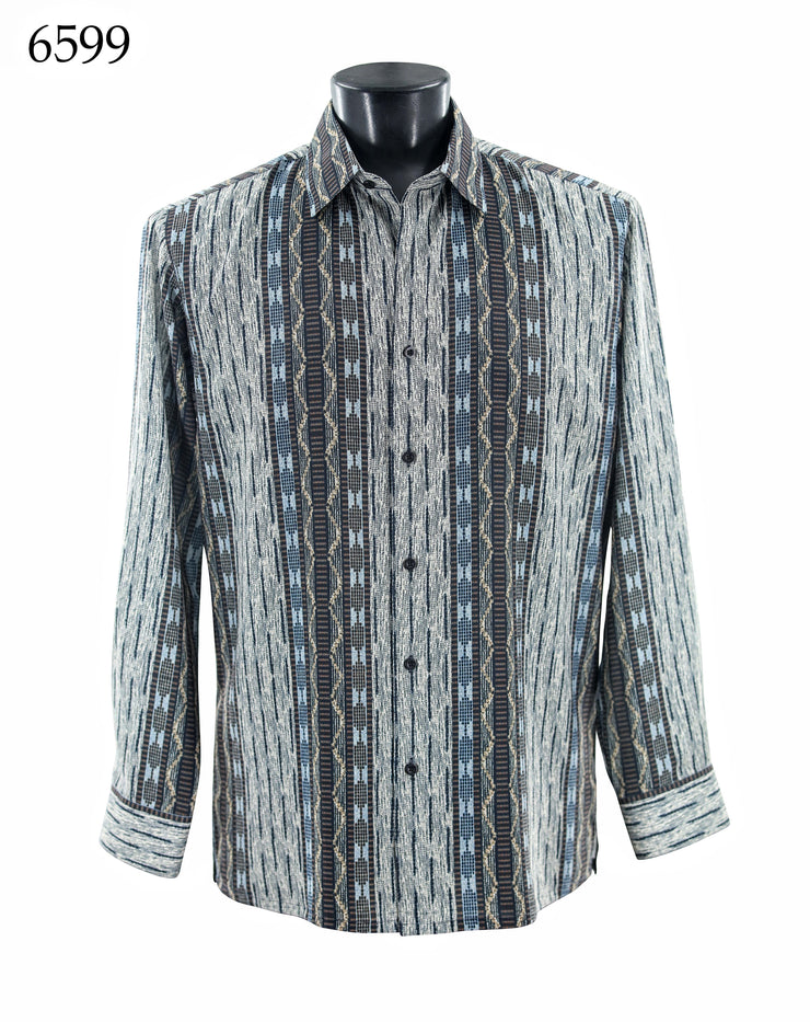 Bassiri Long Sleeve Button Down Casual Printed Men's Shirt - Abstract Pattern Blue #6599