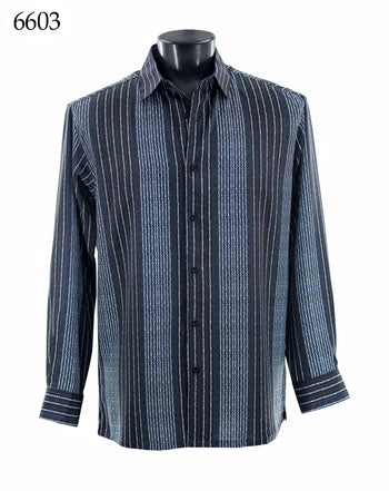 Bassiri Long Sleeve Button Down Casual Printed Men's Shirt - Vertical Lines Navy #6603
