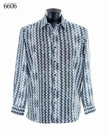 Bassiri Long Sleeve Button Down Casual Printed Men's Shirt - Vertical Zig Zag White #6606