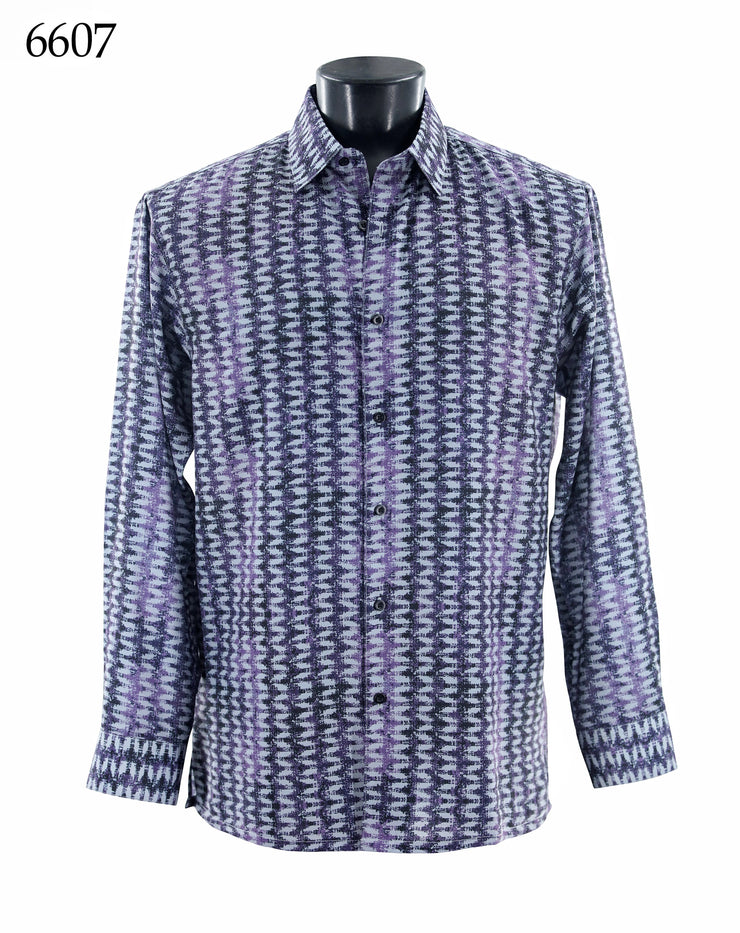 Bassiri Long Sleeve Button Down Casual Printed Men's Shirt - Vertical Zig Zag Lilac #6607