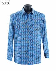 Bassiri Long Sleeve Button Down Casual Printed Men's Shirt - Vertical Zig Zag Blue #6608