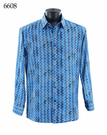 Bassiri Long Sleeve Button Down Casual Printed Men's Shirt - Vertical Zig Zag Blue #6608