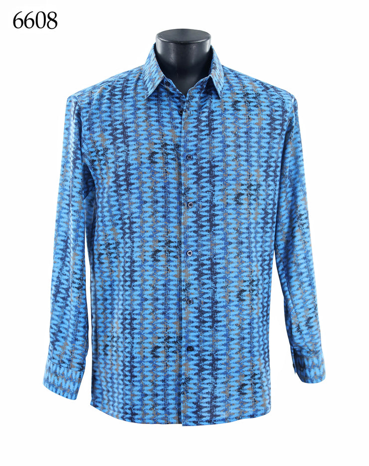 Bassiri Long Sleeve Button Down Casual Printed Men's Shirt - Vertical Zig Zag Blue #6608