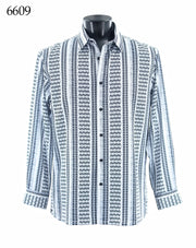 Bassiri Long Sleeve Button Down Casual Printed Men's Shirt - Geometric Stripe White #6609