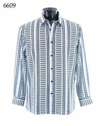 Bassiri Long Sleeve Button Down Casual Printed Men's Shirt - Geometric Stripe White #6609