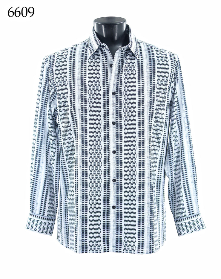 Bassiri Long Sleeve Button Down Casual Printed Men's Shirt - Geometric Stripe White #6609