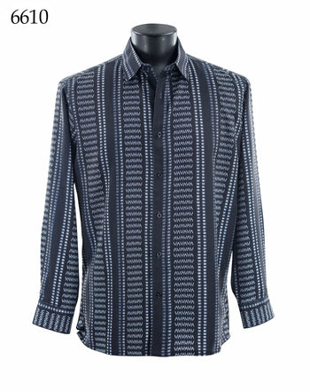 Bassiri Long Sleeve Button Down Casual Printed Men's Shirt - Geometric Stripe Black #6610