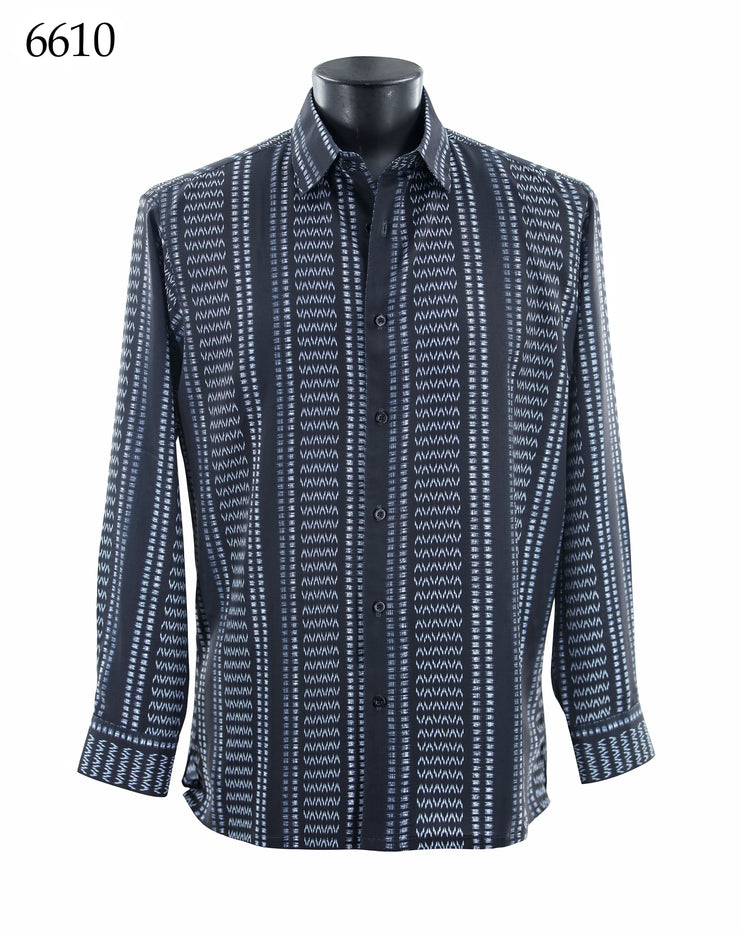 Bassiri Long Sleeve Button Down Casual Printed Men's Shirt - Geometric Stripe Black #6610