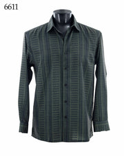 Bassiri Long Sleeve Button Down Casual Printed Men's Shirt - Geometric Stripe Olive #6611