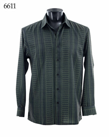 Bassiri Long Sleeve Button Down Casual Printed Men's Shirt - Geometric Stripe Olive #6611