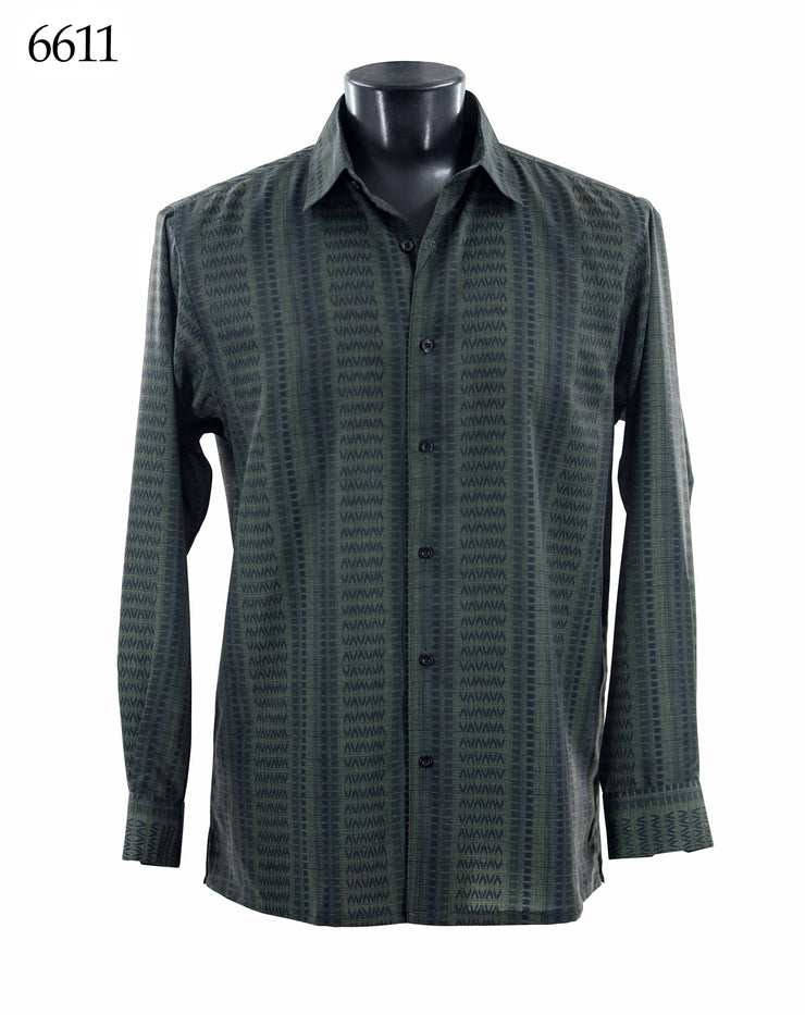 Bassiri Long Sleeve Button Down Casual Printed Men's Shirt - Geometric Stripe Olive #6611