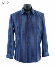 Bassiri Long Sleeve Button Down Casual Printed Men's Shirt - Geometric Stripe Blue #6612