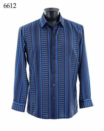 Bassiri Long Sleeve Button Down Casual Printed Men's Shirt - Geometric Stripe Blue #6612