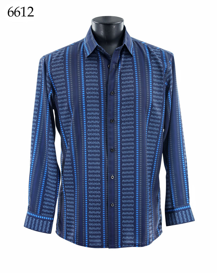 Bassiri Long Sleeve Button Down Casual Printed Men's Shirt - Geometric Stripe Blue #6612
