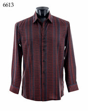 Bassiri Long Sleeve Button Down Casual Printed Men's Shirt - Geometric Stripe Burgundy #6613