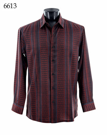Bassiri Long Sleeve Button Down Casual Printed Men's Shirt - Geometric Stripe Burgundy #6613
