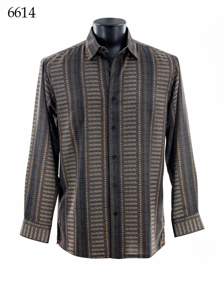 Bassiri Long Sleeve Button Down Casual Printed Men's Shirt - Geometric Stripe Brown #6614