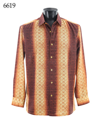 Bassiri Long Sleeve Button Down Casual Printed Men's Shirt - Diamond Stripe Orange #6619