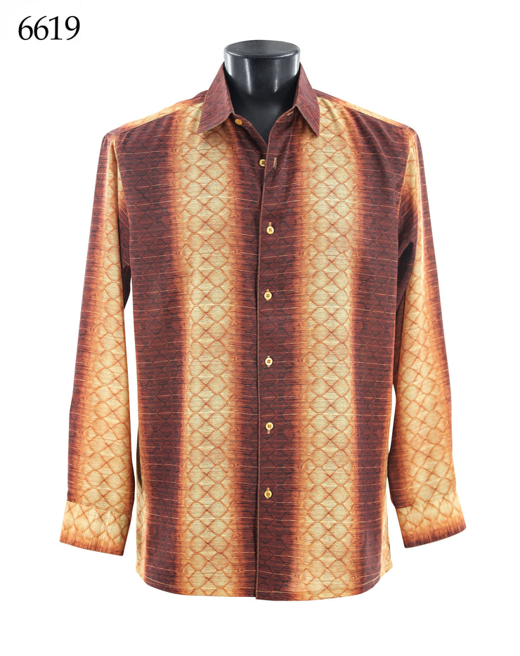 Bassiri Long Sleeve Button Down Casual Printed Men's Shirt - Diamond Stripe Orange #6619