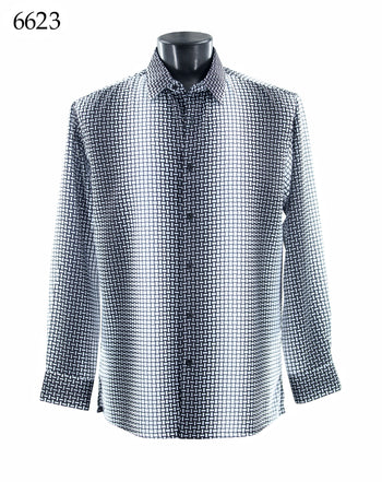 Bassiri Long Sleeve Button Down Casual Printed Men's Shirt - Grid Stripe White #6623