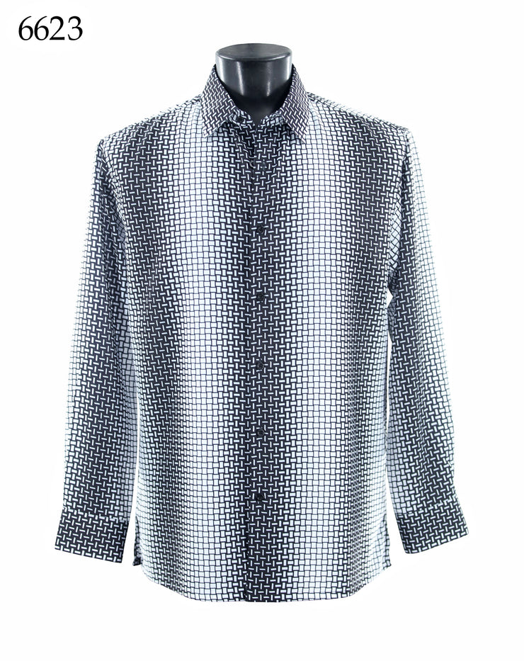 Bassiri Long Sleeve Button Down Casual Printed Men's Shirt - Grid Stripe White #6623