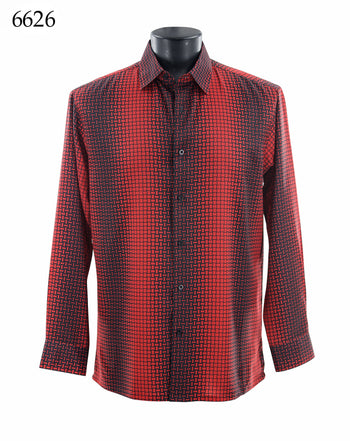 Bassiri Long Sleeve Button Down Casual Printed Men's Shirt - Grid Stripe Red #6626