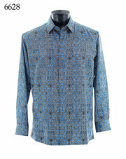 Bassiri Long Sleeve Button Down Casual Printed Men's Shirt - Geometric Maze Blue #6628