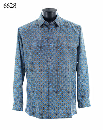 Bassiri Long Sleeve Button Down Casual Printed Men's Shirt - Geometric Maze Blue #6628