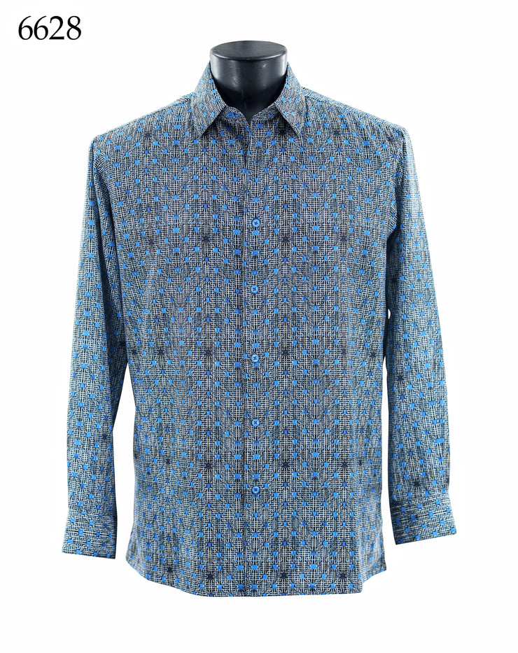 Bassiri Long Sleeve Button Down Casual Printed Men's Shirt - Geometric Maze Blue #6628