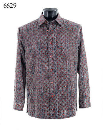 Bassiri Long Sleeve Button Down Casual Printed Men's Shirt - Geometric Maze Red #6629