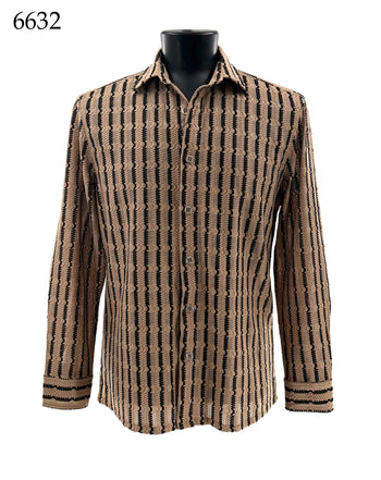 Bassiri Long Sleeve Button Down Casual Printed Men's Shirt - Stripes Tan #6632