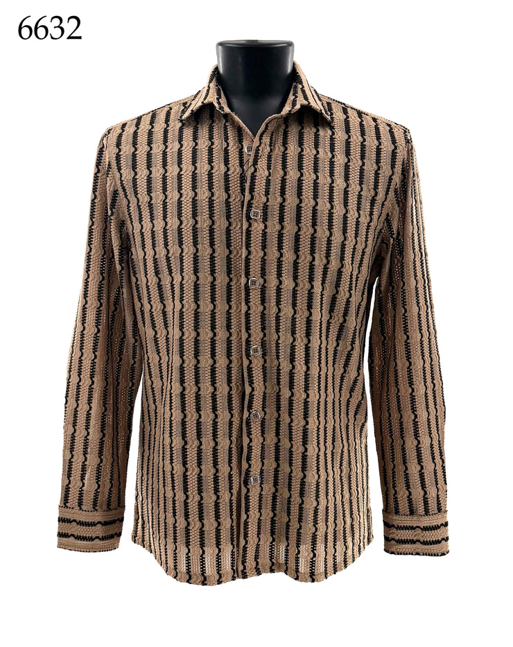 Bassiri Long Sleeve Button Down Casual Printed Men's Shirt - Stripes Tan #6632
