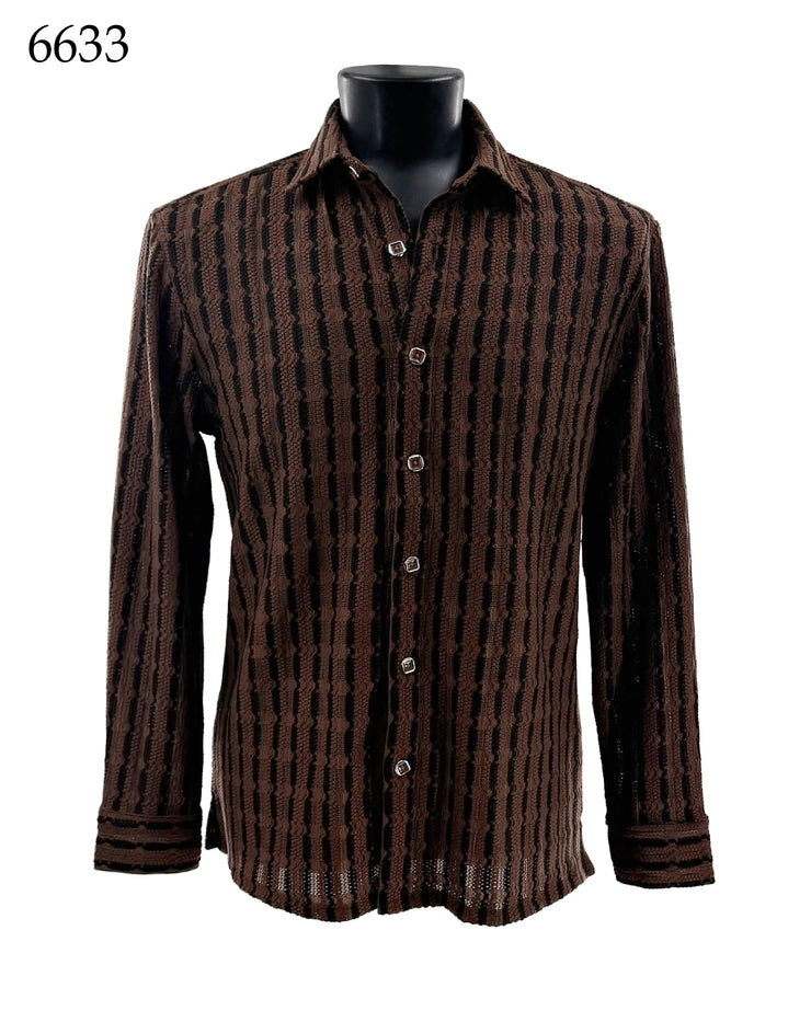 Bassiri Long Sleeve Button Down Casual Printed Men's Shirt - Stripes Brown #6633