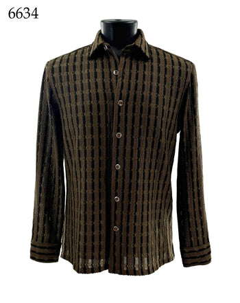 Bassiri Long Sleeve Button Down Casual Printed Men's Shirt - Stripes Olive #6634