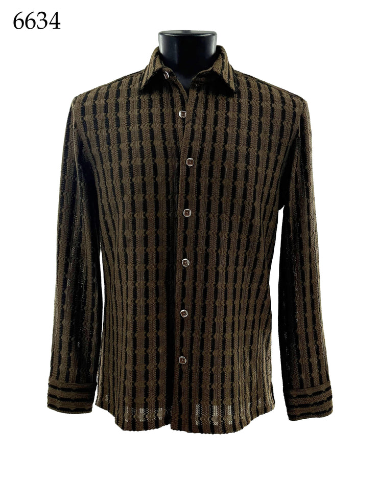 Bassiri Long Sleeve Button Down Casual Printed Men's Shirt - Stripes Olive #6634