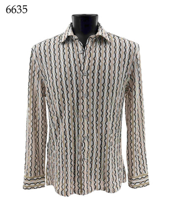 Bassiri Long Sleeve Button Down Casual Printed Men's Shirt - Geometric Cream #6635