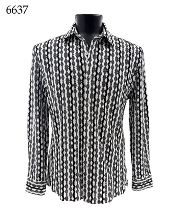 Bassiri Long Sleeve Button Down Casual Printed Men's Shirt - Geometric Grey #6637