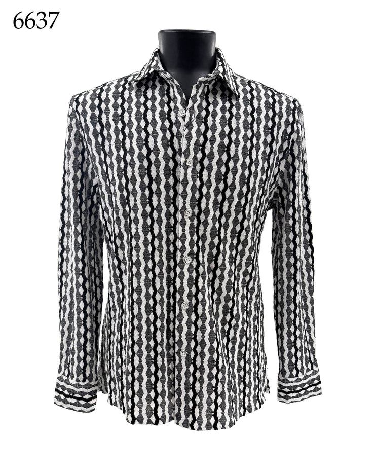 Bassiri Long Sleeve Button Down Casual Printed Men's Shirt - Geometric Grey #6637