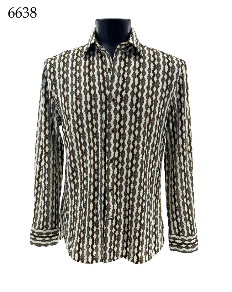 Bassiri Long Sleeve Button Down Casual Printed Men's Shirt - Geometric Olive #6638