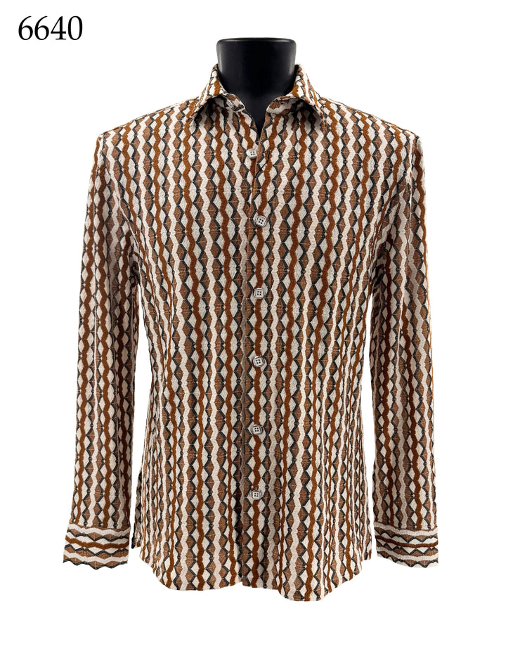 Bassiri Long Sleeve Button Down Casual Printed Men's Shirt - Geometric Brown #6640